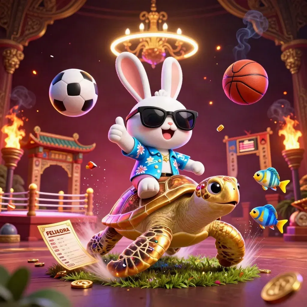 Lucky rabbit on a golden turtle amid casino sports gear, coins, torches, and neon haze.
