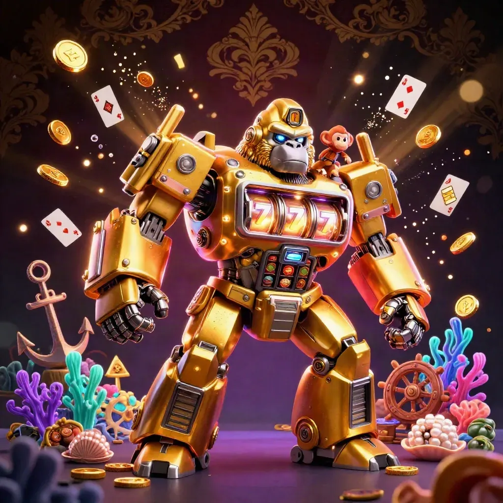 Golden gorilla mech with tiny monkey pilot amid treasure cove magic and neon casino glow.