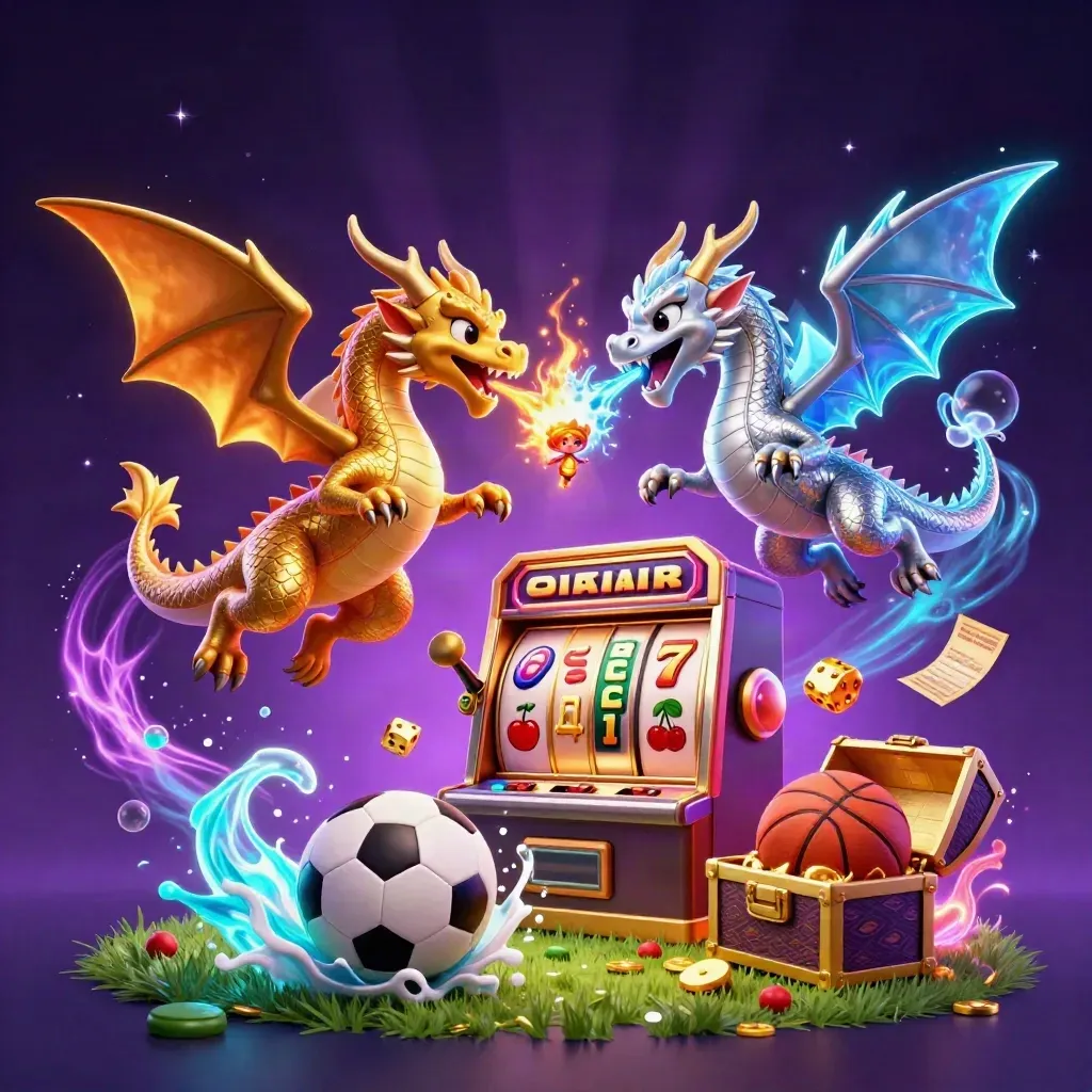 Twin dragons over an exploding soccer ball, slot reels, gold, cyan glow, dark neon casino style.
