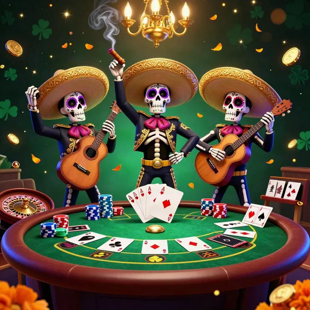 Day-of-the-Dead mariachi skeletons amid casino tables, chips, cards, roulette wheel, and glowing lights.