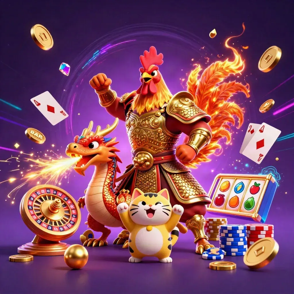 Rooster samurai, spark-breathing dragon hatchling and fortune cat amid coins, gems and neon casino energy