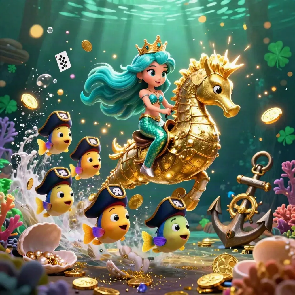 Mermaid princess on a golden seahorse amid pirate fish, coins, coral, cards and glowing treasure cove.