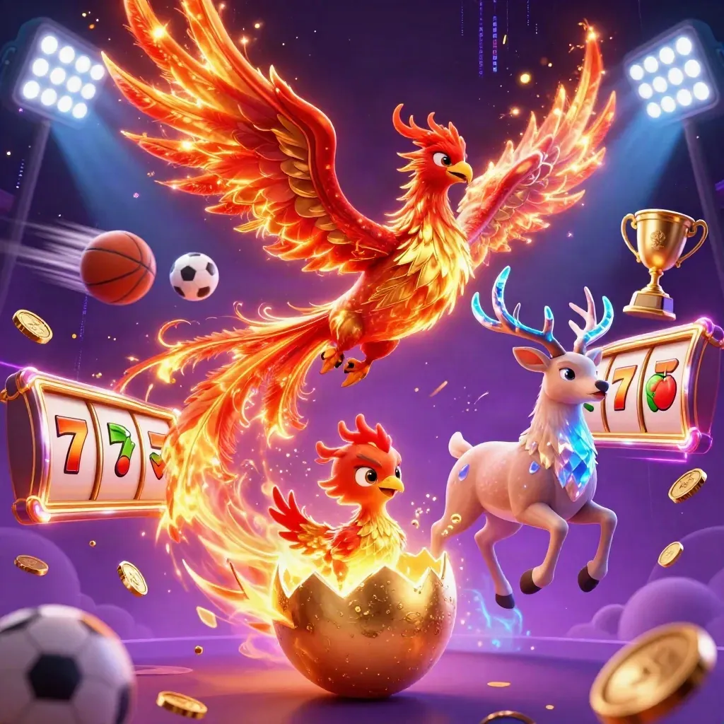 Phoenix, hatchling, and crystal-antler stag amid casino energy, balls, coins, and neon glow.