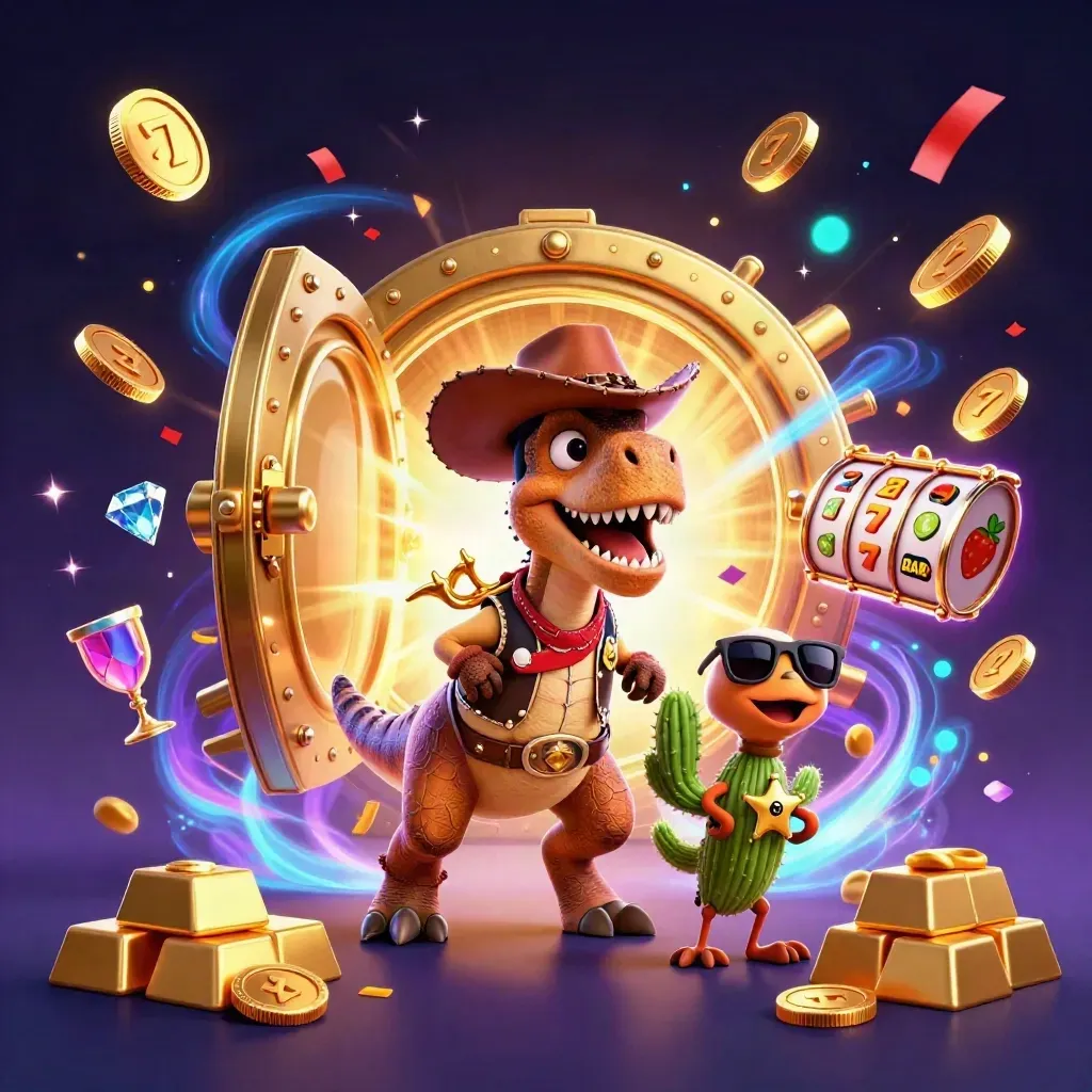 Cowboy T-Rex, cactus sidekick, and sheriff roadrunner erupt from a gold vault amid coins and fireworks.
