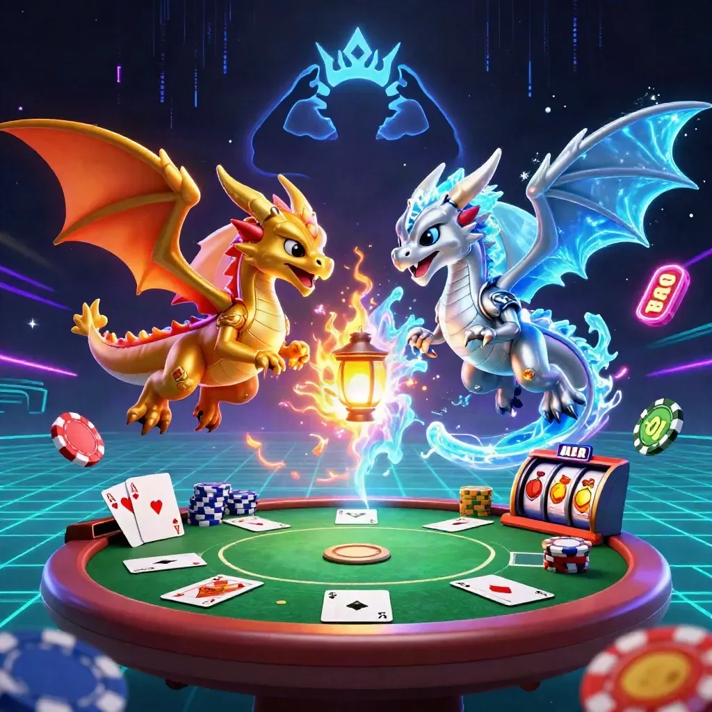 Twin gold and silver dragons spiral in yin-yang fire and ice above casino chips, reels and cards.