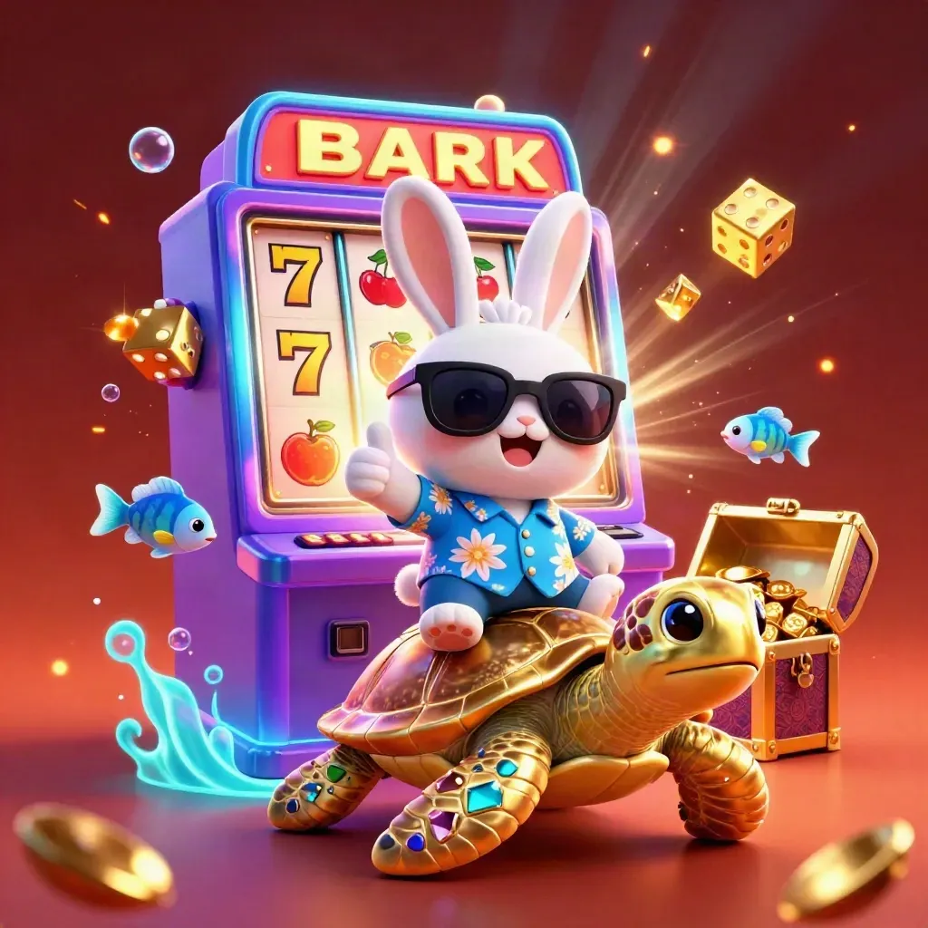 Lucky rabbit rides a gem-shell sea turtle amid slot symbols, gold, and neon casino glow.