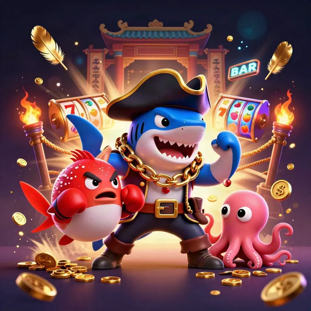 Shark pirate, boxing pufferfish, and juggling octopus amid casino loot and neon temple lights